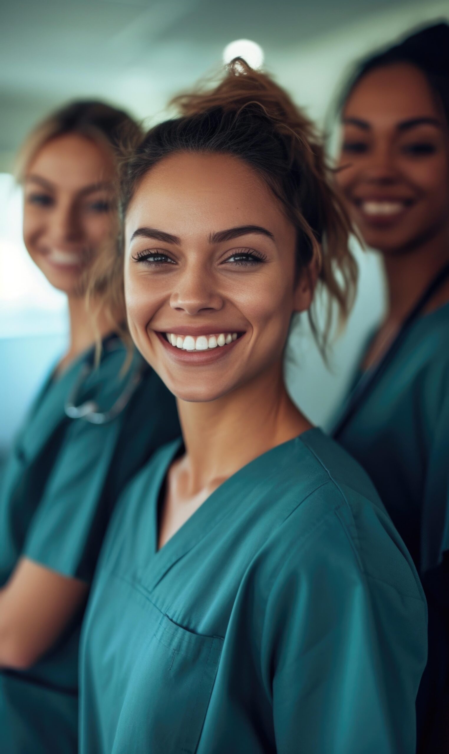 Three smiling women in scrub suits. Generative AI.